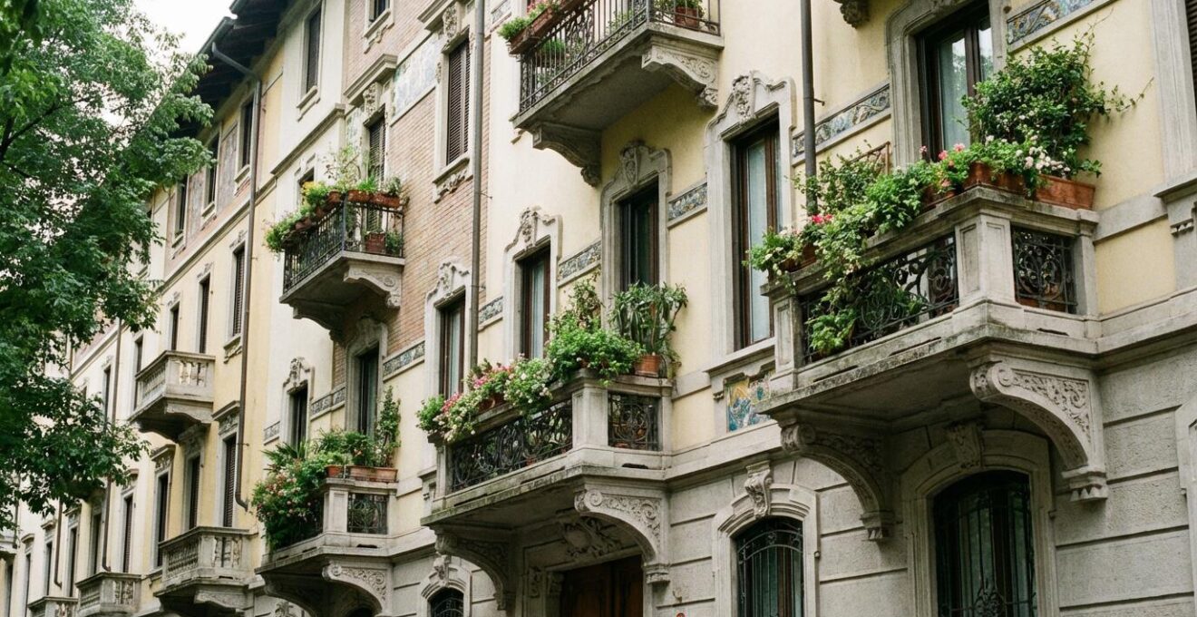 Facciata di condominio milanese in stile liberty con balconi e piante