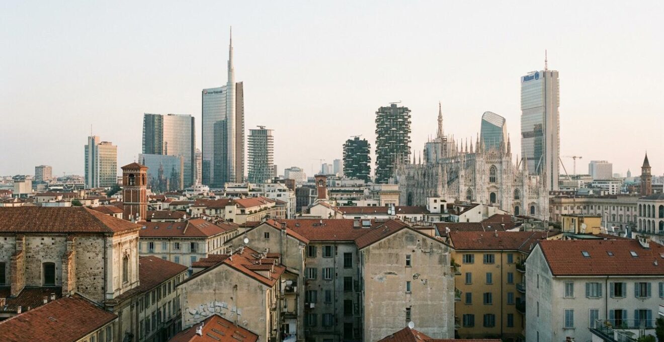 Vista panoramica dello skyline di Milano con edifici residenziali storici e moderni