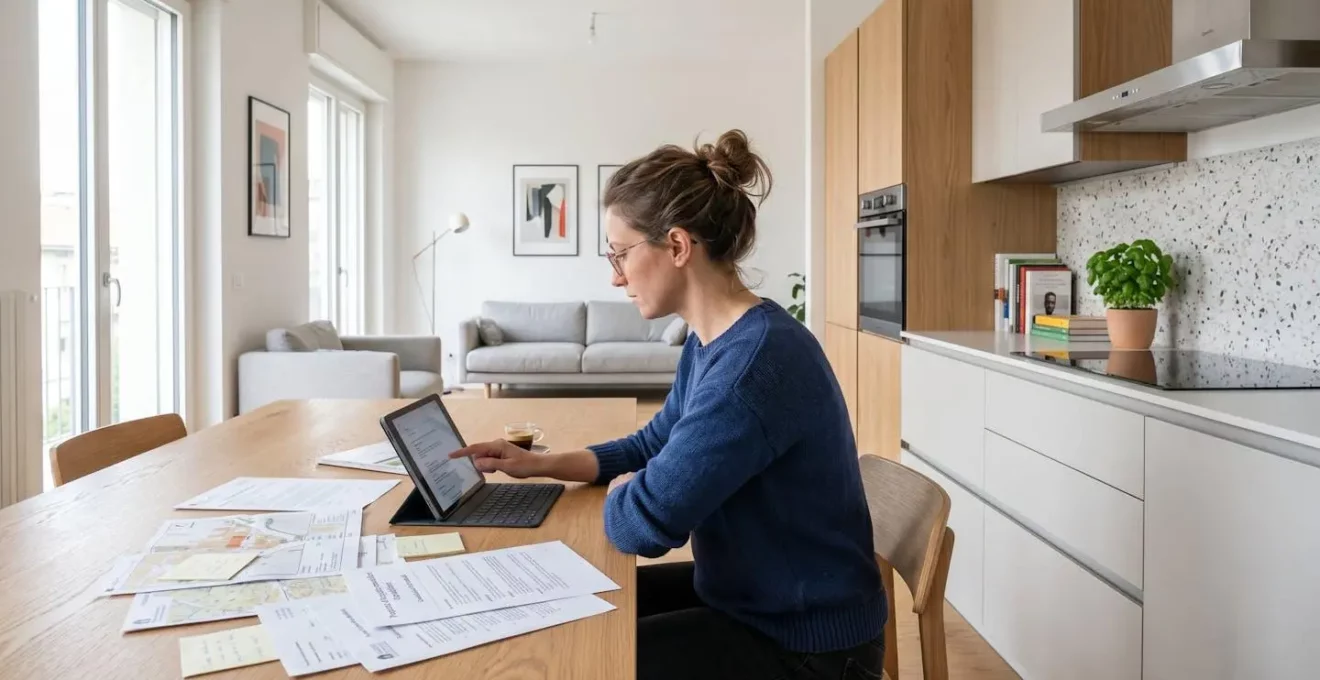 Persona vista di profilo che consulta un tablet in un ambiente domestico moderno italiano, con documenti immobiliari cartacei sul tavolo, gesto naturale di tocco dello schermo