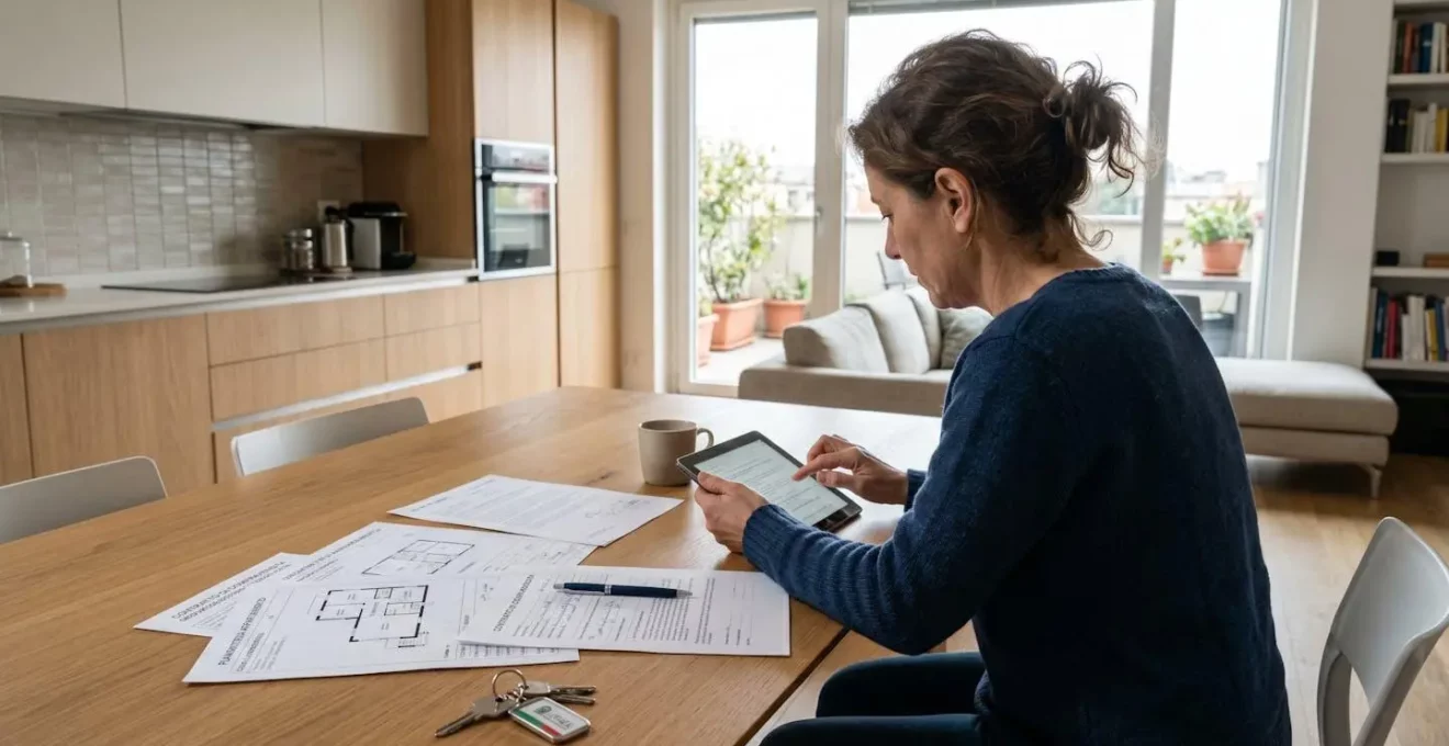 Persona vista di profilo che consulta un tablet in un ambiente domestico moderno italiano, con documenti immobiliari cartacei sul tavolo, gesto naturale di tocco dello schermo