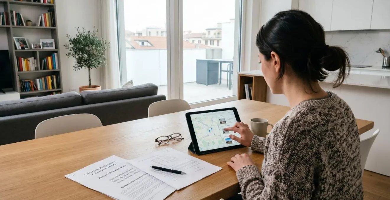 Persona vista di profilo che consulta un tablet in un ambiente domestico moderno italiano, con documenti immobiliari cartacei sul tavolo, gesto naturale di tocco dello schermo
