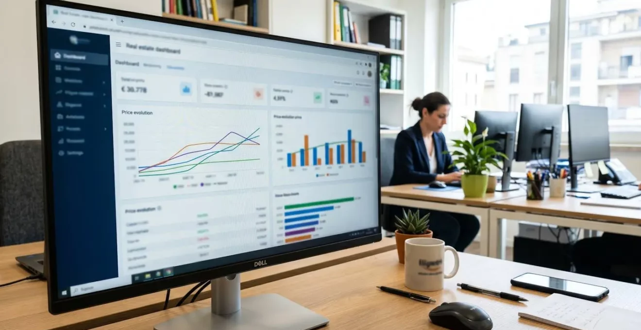 Dettaglio ravvicinato di uno schermo monitor che mostra un'interfaccia di valutazione immobiliare con grafici di evoluzione prezzi, metriche visibili ma testo completamente sfocato