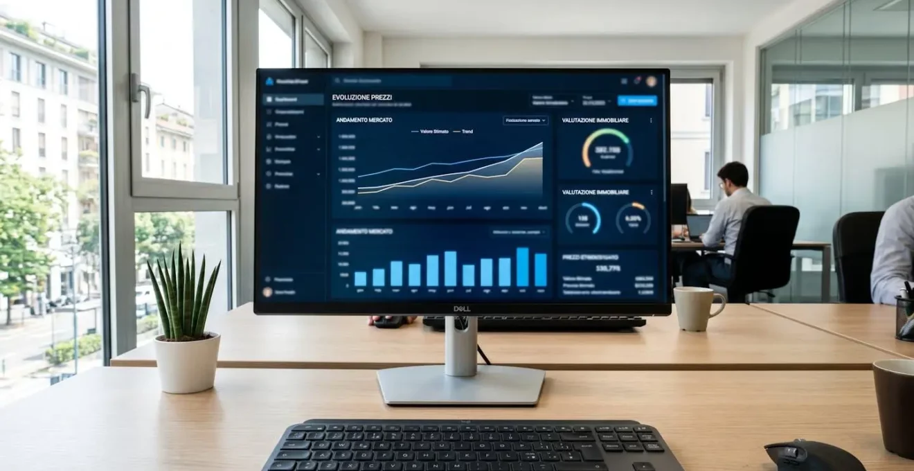 Dettaglio ravvicinato di uno schermo monitor che mostra un'interfaccia di valutazione immobiliare con grafici di evoluzione prezzi, metriche visibili ma testo completamente sfocato