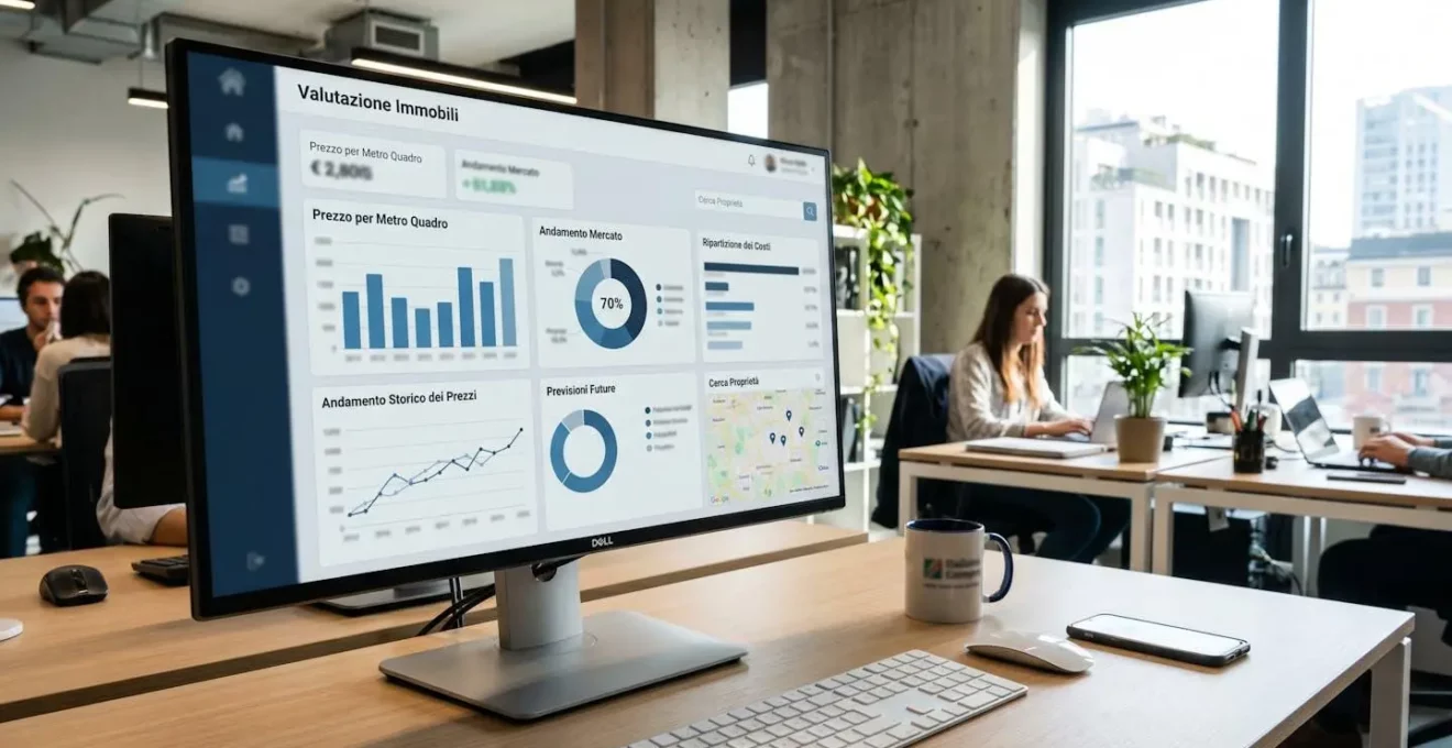 Dettaglio ravvicinato di uno schermo monitor che mostra un'interfaccia di valutazione immobiliare con grafici di evoluzione prezzi, metriche visibili ma testo completamente sfocato