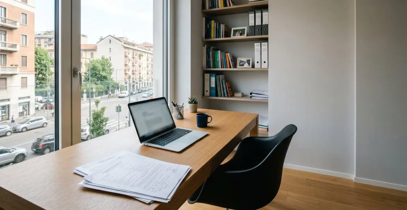Scrivania contemporanea in un home office italiano con laptop aperto e documenti immobiliari cartacei, illuminata da luce naturale proveniente dalla finestra
