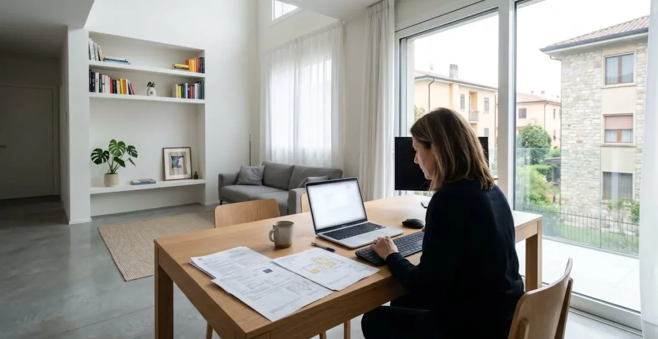 Scrivania contemporanea in un home office italiano con laptop aperto e documenti immobiliari cartacei, illuminata da luce naturale proveniente dalla finestra