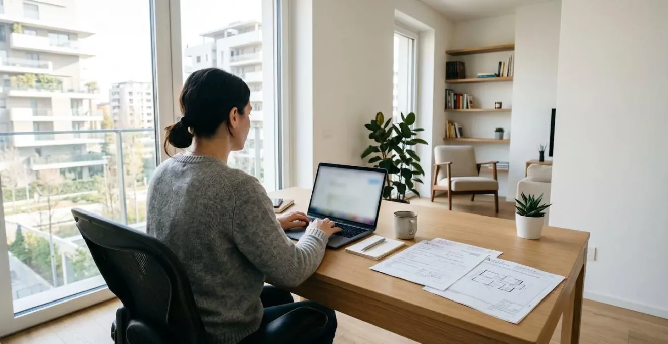 Scrivania contemporanea in un home office italiano con laptop aperto e documenti immobiliari cartacei, illuminata da luce naturale proveniente dalla finestra