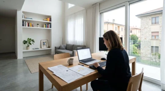 Scrivania contemporanea in un home office italiano con laptop aperto e documenti immobiliari cartacei, illuminata da luce naturale proveniente dalla finestra